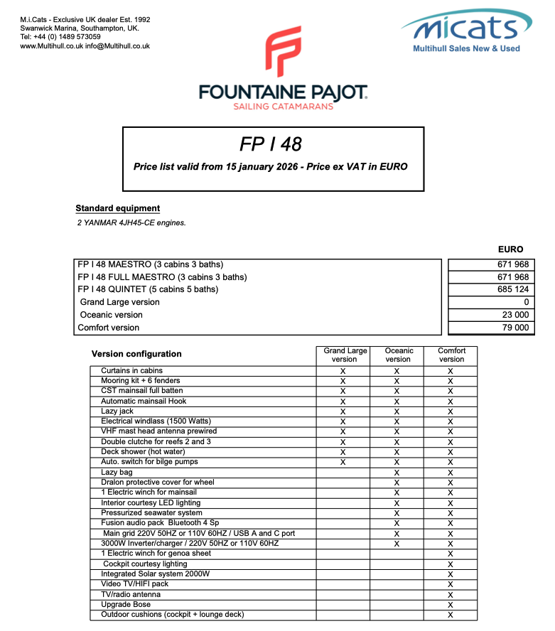 Fountaine Pajot 48 Price list - spec - inventory