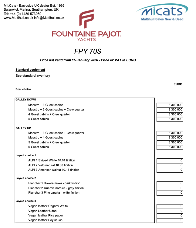 Fountaine Pajot FPY 70S Price Euro