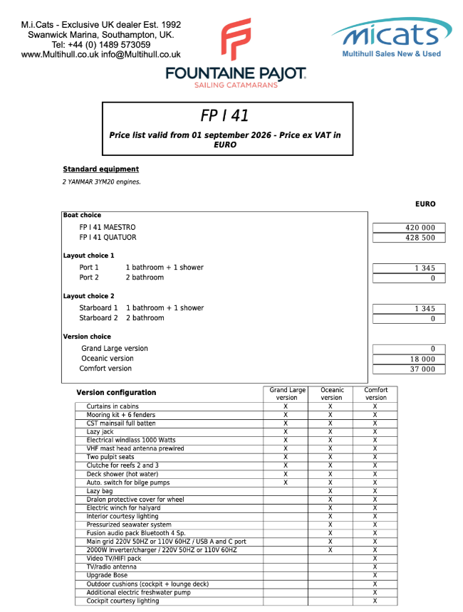 Fountaine Pajot 41 Price list 2026