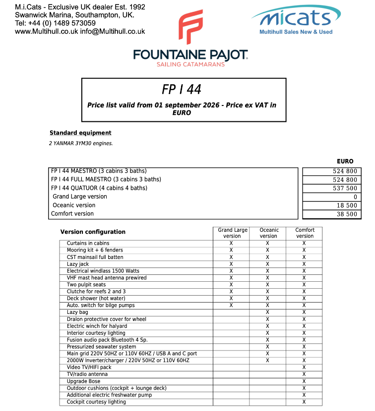 Fountaine Pajot 44 Price list