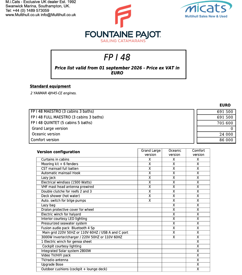 Fountaine Pajot 48 Price list - spec - inventory